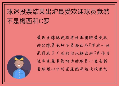球迷投票结果出炉最受欢迎球员竟然不是梅西和C罗